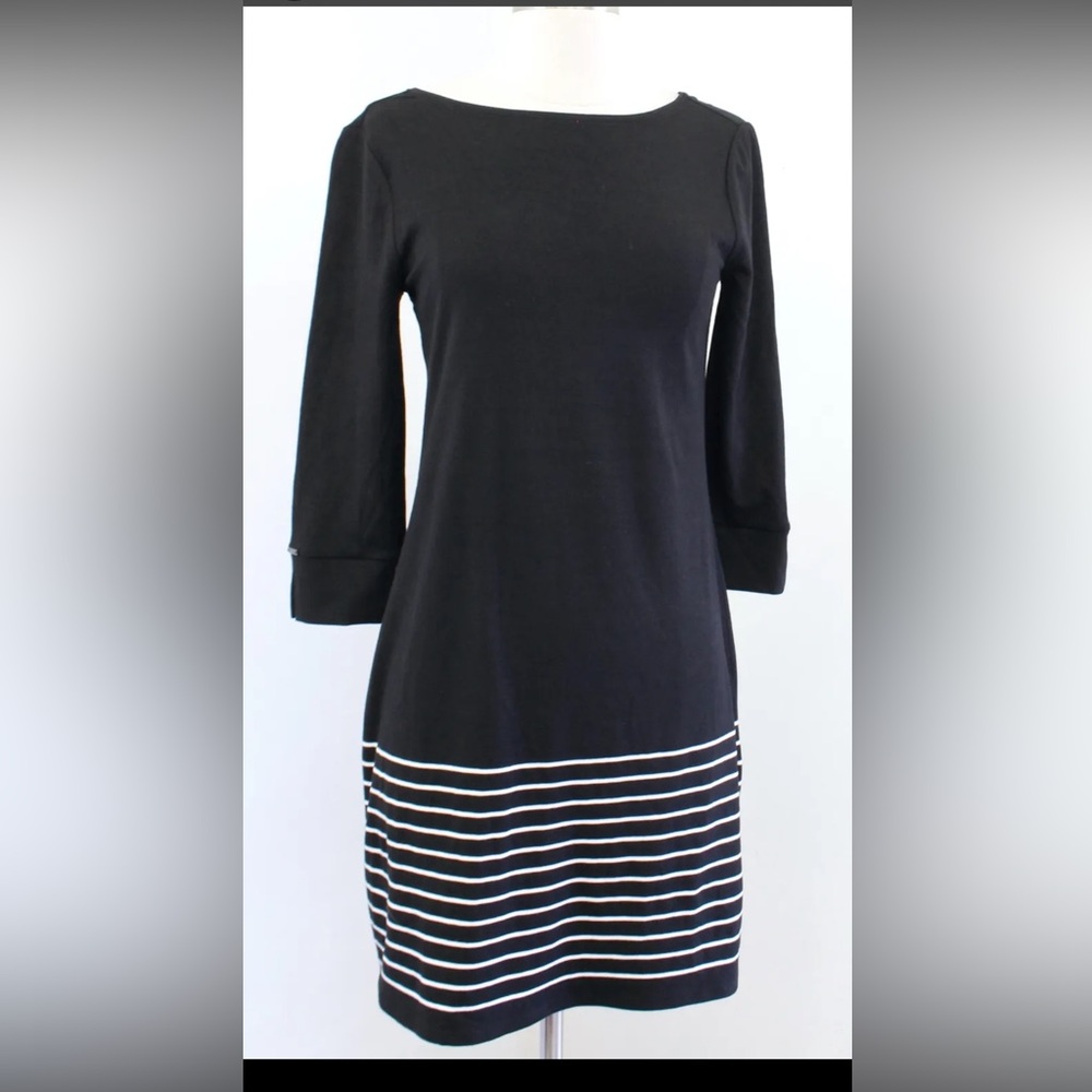 White House Black Market STRIPE-HEM KNIT SHIFT DRESS black rayon spandex sz MED